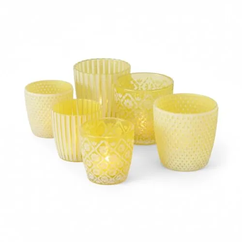 LS-LebenStil 6X Glas Teelichthalter Retro Gelb Weiß 7-9cm 6´er Set Kristall Ornament Teelicht-Gläser Windlicht-Halter Kerzenständer Tischdeko Kerzen Deko Kerzenhalter für Teelichter Hochzeit