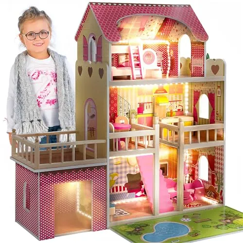 Green series Kinderplay Puppenhaus Holz Groß - Traumvilla mit LED-Beleuchtung und 17 Zubehörteilen, ideal für kreatives Spielen ab 2 Jahren