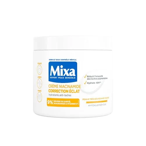 Mixa Niacinamide Korrektur-Creme gegen Flecken, für Gesicht und Körper, 400 | Sheabutter und Vitamin C, feuchtigkeitsspendend, 48 h, hypoallergen, getestet 7000 empfindliche Haut