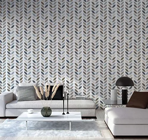 New Walls Retro Tapete mit Blätter Wohnzimmer Vliestapete 70er Jahre Blau, Beige, Grau – 10,05 x 0,53 m