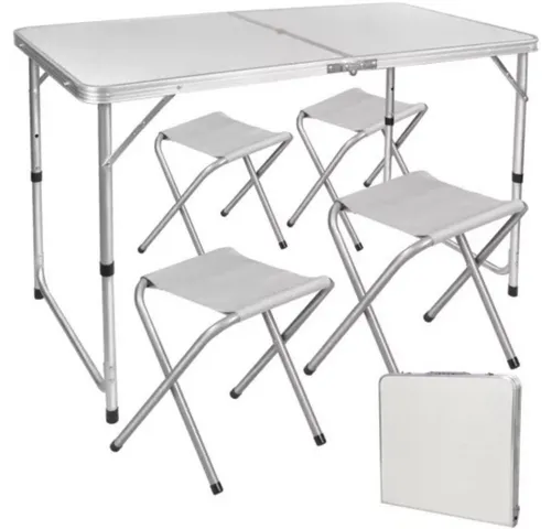 Klapptisch-Set mit Stühlen 5-teilig 120 x 60,5 cm - Höhenverstellbar - Camping-Möbel Set mit faltbarem Tisch und 4 Klappstühlen, ideal für drinnen und draußen. Höhenverstellbar und leicht, perfekt für Camping oder Marktstände.