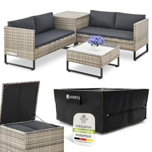 Juskys Polyrattan Lounge Santorini - Modulare Gartenmöbel mit Abdeckung - Die stilvolle Gartenlounge Santorini bietet Platz für 4 Personen und überzeugt mit wetterfestem Polyrattan, modernem Design sowie einer praktischen Auflagenbox. Ideal für gemütliche Stunden im Freien.