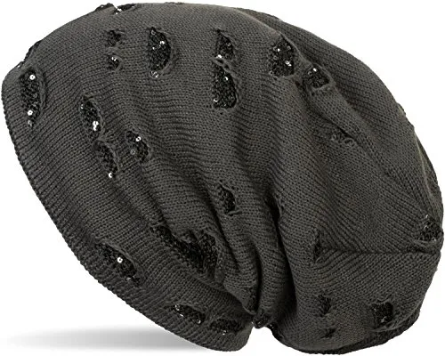 styleBREAKER warme Feinstrick Beanie Mütze im Destroyed Pailletten Look und weichem Fleece Innenfutter, Slouch Longbeanie, Damen 04024127, Farbe:Dunkelgrau