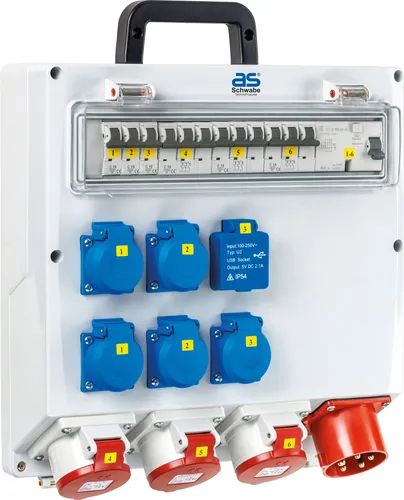 as - Schwabe Wandverteiler 400V/32A - Anschlussfertig mit USB und Schuko - CEE-Verteilerdosen mit robustem Gehäuse, 5x Schuko, 3x CEE und 2x USB, ideal für Werkstätten und Außenbereich, wetterfest (IP44) und anschlussfertig für einfache Montage.