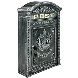 Relaxdays Antik Gold-Grau Briefkasten - Eleganter Wandbriefkasten im Vintage-Stil mit rundem Dach und goldenen Verzierungen. Ideal für Deine tägliche Post, sicher durch Zylinderschloss und breiten Einwurf. Maße: 44,5 x 31 x 9,5 cm, aus robustem Aluguss und Stahl.