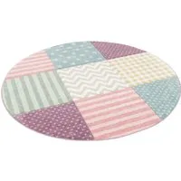 Pergamon Kinder Teppich Maui Kids - Bunter Rundteppich in Pastell mit Karo und Sternen - Teppiche fürs Kinderzimmer, schadstoffgeprüft nach Öko-Tex Standard 100, ideal für ein farbenfrohes und sicheres Spielumfeld.