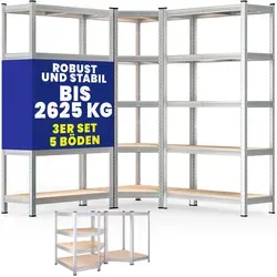 Monzana® 3er Set Schwerlastregal Eckregal - Werkstatteinrichtung für effiziente Raumorganisation mit 2625 kg Tragkraft, ideal für Garage und Keller. Robuster Stahl und anpassbare MDF-Böden bieten Flexibilität und Stabilität.