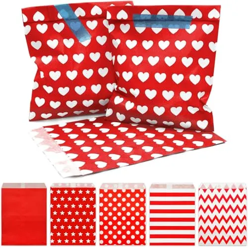 Frau WUNDERVoll® 25 PAPIERTÜTEN ROT, HERZEN 13 x 16,5 cm, 45 Gramm Papier, flach/Candy Bar, Hochzeit, Kindergeburtstag, Papiertütchen, Candybag, Tüten, Mitgebseltüten