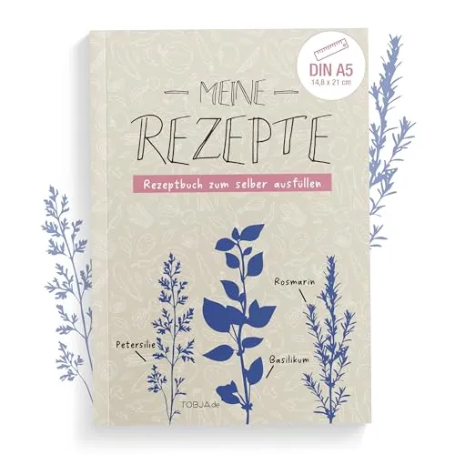 TOBJA Meine Rezepte Rezeptbuch zum selberschreiben A5 | mit Saisonkalender, Foto-Feldern & Register | Kochbuch zum selbst eintragen & gestalten | Softcover