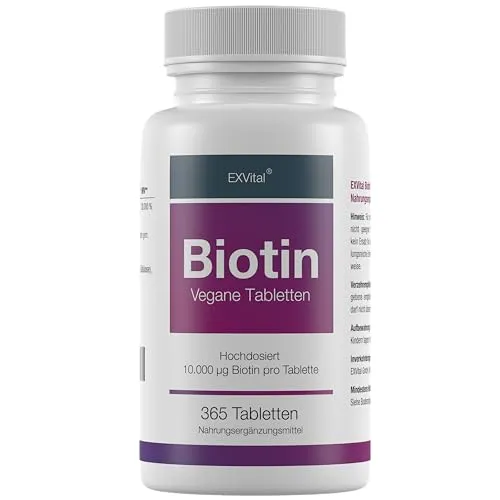 Biotin für Haare, Haut und Fingernägel hochdosiert von EXVital, 365 Tabletten