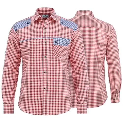 German Wear Trachtenhemd für Trachten Lederhosen Freizeit Hemd rot-blau-kariert, Hemdgröße:XL