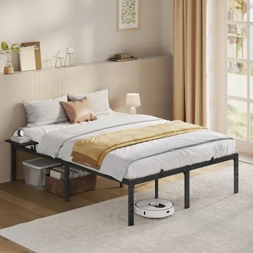 VASAGLE Bett 140 x 200 cm, Gästebett mit Aufbewahrungsregalen, Doppelbett, Bettgestell aus Metall, Bettrahmen, Metallbett, einfache Montage, klassikschwarz RMB094B01