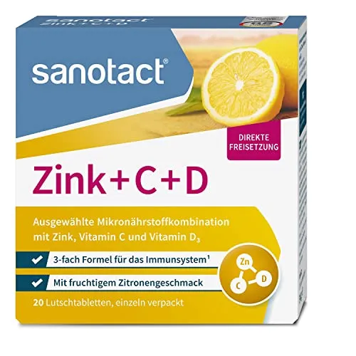 sanotact Zink + C + D Lutschtabletten - Immunsystem Unterstützung - Vitamin C Präparate mit einer effektiven 3-fach Formel aus Zink, Vitamin C und D3 zur Stärkung des Immunsystems. Praktisch für unterwegs und mit fruchtigem Zitronengeschmack.