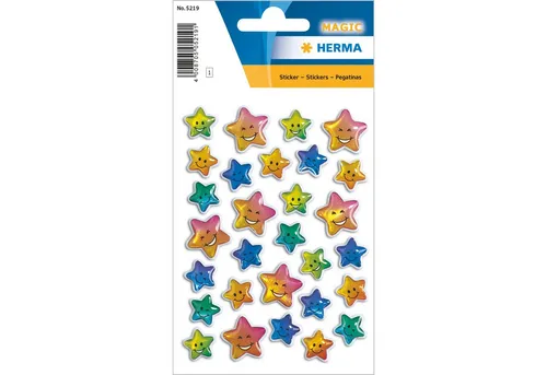 HERMA 5219 Aufkleber Sterne klein, 29 Stück, 3D Belohnung Sticker mit Smiley Emoji Gesicht Motiv, Kinder Etiketten für Schule Grundschule Schüler Tagebuch Scrapbooking Geburtstag Deko DIY Basteln
