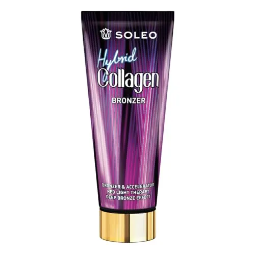 Soleo Hybrid Collagen Bronzer 200ml - Bodylotion mit innovativer Hybrid-Formel, kombiniert Bronzer und Kollagen für intensiven Bräunungseffekt und tiefen Feuchtigkeitsspenden. Ideal für Sonnenbäder und Solarium, zieht schnell ein und duftet exotisch.