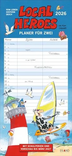 Local heroes Planer für zwei 2026: Paarkalender mit 2 Spalten. Illustriert mit humorvollen Cartoons von Kim Schmidt über das Leben hinterm Deich. Wandkalender 2026 zum Eintragen (Eiland)