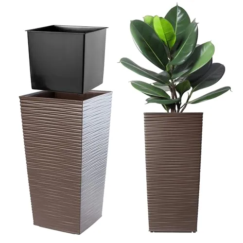 KADAX Pflanzkübel mit Innentopf, Höhe 57cm, Mokka – Wetterfester Blumentopf für Innen & Außen, ideal für Garten, Balkon & Terrasse, zum Bepflanzen, Dekorieren und als stilvoller Übertopf