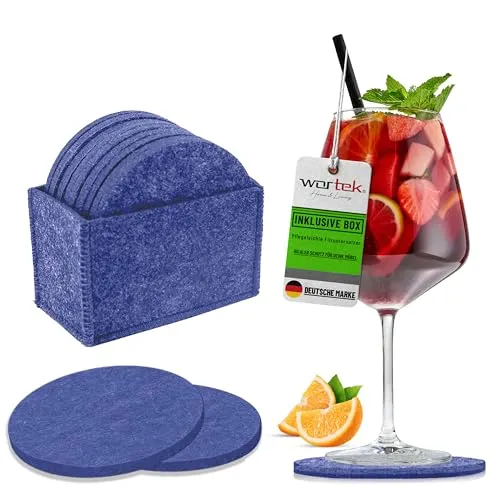 wortek Filzuntersetzer rund für Gläser – 10er Set mit Aufbewahrungsbox, Glasuntersetzer für Getränke, Tassen, Bar, Glas - Ø 10cm Tischuntersetzer Untersetzer Gläser Blau