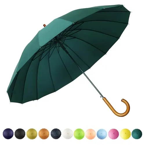 SoulRain 16 Rippen 121,9 cm Stockschirm, automatisches Öffnen, einfarbig, modisch und einfach, bogenförmiger klassischer Holzgriff, winddicht, unzerbrechlich, Regenschirm (Dunkelgrün)
