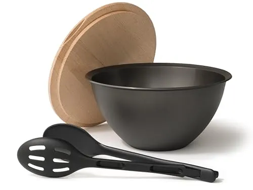 Hausfelder Salatschüssel 4 L mit Holzdeckel und Salatbesteck - Elegante 4-Liter Salatschüssel aus BPA-freiem Kunststoff mit stylishem Holzdeckel, der als Schneidebrett oder Serviertablett dient – ideal für jeden Anlass!