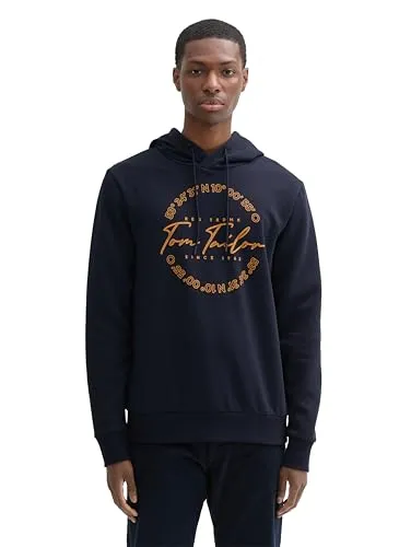 TOM TAILOR Herren Hoodie Sweatshirt mit Logo-Print - Sky Captain Blue, XL - Kapuzenpullover für Herren mit großem Logo-Print, Känguruhtasche und Kordelzug. Hergestellt aus weicher Baumwoll-Polyester-Mischung für optimalen Tragekomfort.