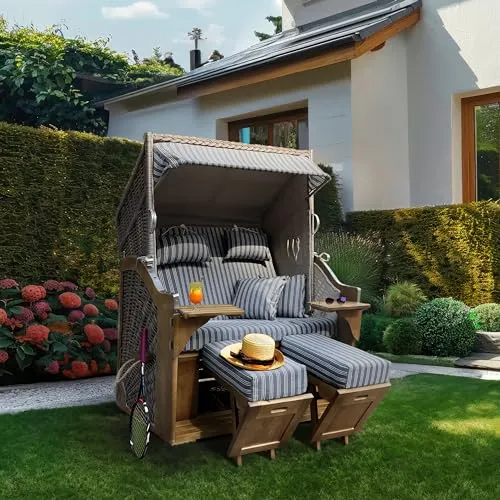 Wohnando Strandkorb XXL grau gestreift für 2 Personen - Strandkorb für 2 Personen mit verstellbarer Rückenlehne, inklusive Sonnenmarkise und Kissen für ultimativen Komfort. Modernes Design aus langlebigem Pinienholz und Rattan.