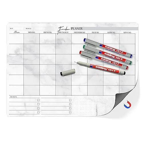 TOBJA® Familienplaner abwischbar DIN A3 magnetisch - Wochenplaner bis 6 Personen oder Monatsplaner - Inkl. 4 Markenstifte bunt - Organisieren und planen leicht gemacht! (Magnettafel + 4 Stifte)