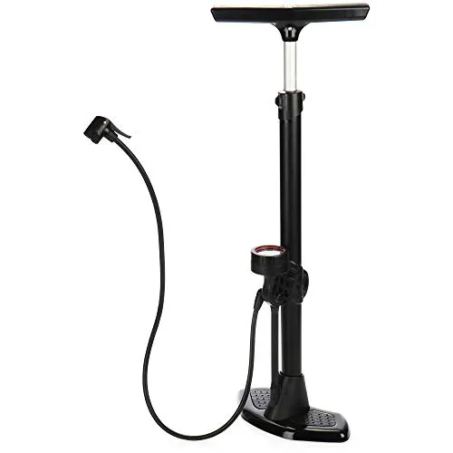 COM-FOUR® Premium-Fahrradpumpe, Hochleistungs-Standluftpumpe aus Aluminium, Fahrradluftpumpe mit Manometer und Schlauchhalter, Standpumpe bis 15 bar (schwarz - Standluftpumpe)