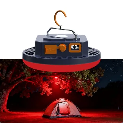 Campinglampe Aufladbar, 10000 mAh akku, 3000 lm Zeltlampe Zum Aufhängen, 6500K Tragbares Campinglicht im Freien, Outdoor-Nachtmarktlicht, Angellicht, Notlichter für Hurrikan (Rot Licht)