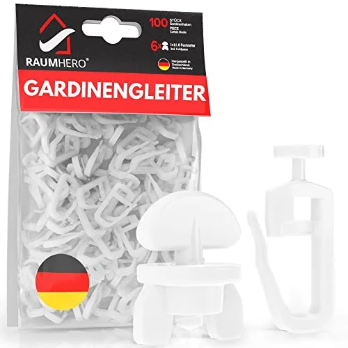 Raumhero Gardinengleiter für Gardinenschiene (Komplettset 100x Gardinenhaken inkl. 6X Stopper) - 7mm Standardmaß Gardinenröllchen - Gardinenhaken für Schienen - 100% Made in Germany