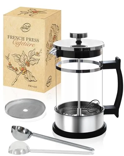 Pro@Home43® French Press 0,6 L aus Glas & Edelstahl – Kaffeebereiter Set mit Ersatzfilter & Kaffeelöffel – manuelle Kaffeemaschine für Tee & Kaffee – auch in 0,35 L verfügbar