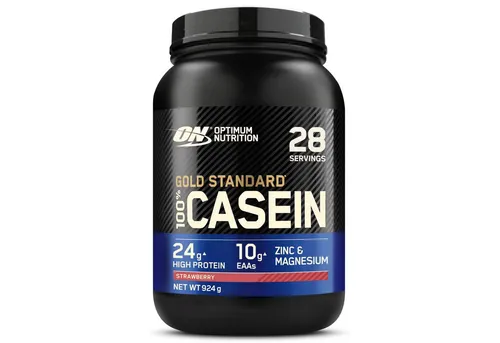Optimum Nutrition Gold Standard 100% Casein Proteinpulver - Strawberry Delight - Casein Proteine mit 24 g hochwertigem Protein pro Portion, unterstützt Muskelwachstum und Reparatur über Nacht, angereichert mit Zink und Magnesium für optimale Erholung.