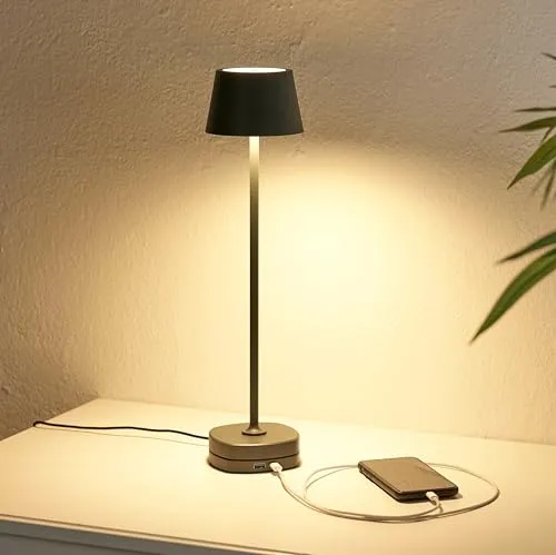 Northpoint LED Akku Tischlampe mit Ladestation, dimmbar und max. 45cm hoch - Nachttischleuchten, elegante grau Optik, kabellos und dimmbar für individuelle Beleuchtung im Wohnbereich.