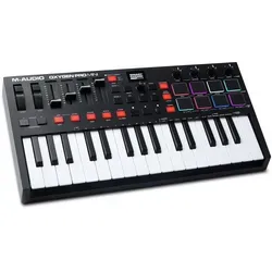 Oxygen Pro Mini MIDI-Controller - Kompaktes MIDI-Steuergerät mit 32 Tasten und 8 Trommelfellen, ideal für kreative Musiker und Produzenten unterwegs.