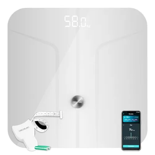 Cecotec Digitale Badezimmerwaage mit einer Kapazität von 180 kg Surface Precision 970 Smart Healthy. Bioimpedanzfunktion, APP, Bluetooth-Konnektivität, gehärtetes Glas, Oberfläche 278x278mm