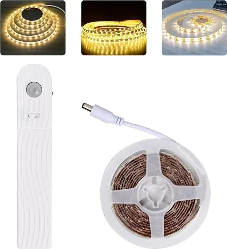 Jinlaili 120 LEDs Streifen mit Bewegungsmelder, 2M Dimmbar LED Strip Sensor, Flexible DIY LED Leiste, Selbstklebend LED Band, led Lichtband für Schrank Kleiderschrank Treppe Bett (Warmweiß)