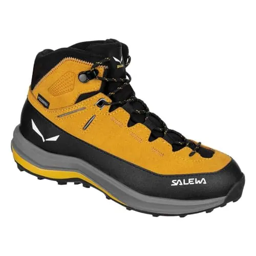 Salewa MTN Trainer 2 Mid Powertex K gold/gold (2191) 30 - Wanderschuhe für Kinder, entwickelt in den Dolomiten, mit wasserabweisender Powertex-Membran und optimalem Halt durch Pomoca Junior Hike-Außensohle für sicheres Trekking im Gelände.