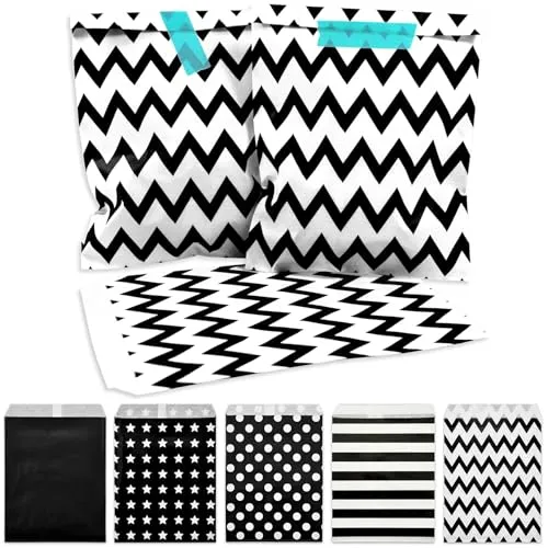Frau WUNDERVoll® 50 Papiertüten schwarz weiße Zacken, 13 x 16,5 cm, 45 Gramm Papier, flach/Candy Bar, Hochzeit, Kindergeburtstag, Papiertütchen, Candybag, Tüten, Mitgebseltüten