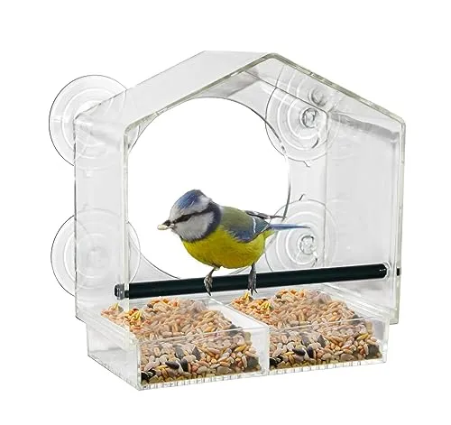 3.07 Fenster Vogelhaus mit Saugnäpfen - Transparent - Vogelhäuser für Fenster - Transparentes Futterhaus mit stabilen Saugnäpfen und Sitzstange, ideal für die Beobachtung von Vögeln in Ihrem Zuhause.