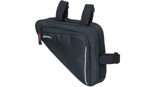 Basil Rahmentasche Sport Design Triangel M - Wasserabweisend, 1,7L, Schwarz - Fahrradtaschen mit Hauptfach, Netzfach und Karabinerhaken, ideal für Fahrradschloss und Zubehör. Reflektierende Details sorgen für Sicherheit im Dunkeln.