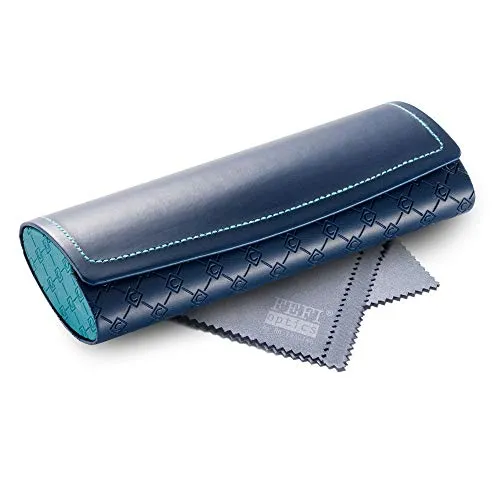FEFI - Elegantes Hardcase Brillenetui in Leder-Optik - inklusive Brillenputztuch/Microfasertuch (Blau)