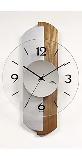 AMS Wanduhr 9211 - Moderne Quarzwanduhr 27 x 42 x 6 cm - Wohnaccessoires mit elegantem Design, aus Holz und Glas, bietet präzise Zeitansage und wertet jeden Raum auf.