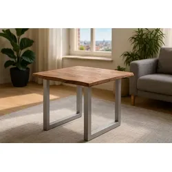Esszimmertisch 90x90 cm Laurina, Baumkantentisch aus Akazienholz, massiv + stonefarben, U-Metallgestell Silber, Esstisch mit echter Baumkante - Braun