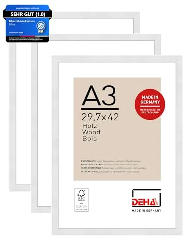 DEHA Design Bilderrahmen, 29,7 x 42 cm (A3) (3er Set), Holz, Weiß, Posterrahmen zum Aufhängen im Hoch- & Querformat, bruchsicheres Kunstglas, Fontana