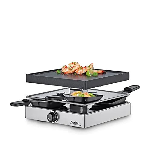 Spring Raclette für 4 Personen mit Alugrillplatte - Raclette für bis zu 4 Personen, inklusive antihaft-beschichteter Pfännchen und Alugrillplatte, ideal für gesellige Abende.