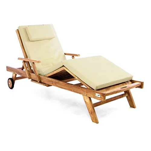 Divero Sonnenliege Holzliege Gartenliege Teak-Holz behandelt mehrfach verstellbar inkl. Räder Tablett + Liegen-Auflage 4-teilig wasserabweisend Creme