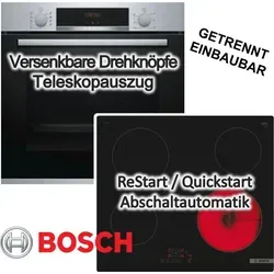 BOSCH Herdset Backofen EcoClean + Glaskeramik-Kochfeld 60 cm - Silber - Modernes Herdset mit autarkem Backofen und rahmenlosem Kochfeld. Genießen Sie perfekte Backergebnisse dank 3D-Heißluft und profitieren Sie von flexibler Installation und einfacher Bedienung.