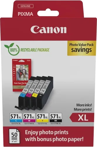 Original Canon 0332C006 CLI-571XL Tintenpatrone MultiPack - 4 Hochleistungs-Patronen + 50 Blatt Fotopapier, perfekte Farbdrucke für Canon Pixma Drucker
