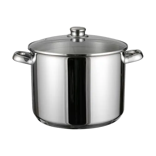Edelstahl Induktion Kochtopf mit Glasdeckel - 10 L - Kochtopf aus rostfreiem Edelstahl mit praktischem Glasdeckel und Dunstloch, ideal für Suppen und Eintöpfe, induktionsgeeignet und spülmaschinenfreundlich.
