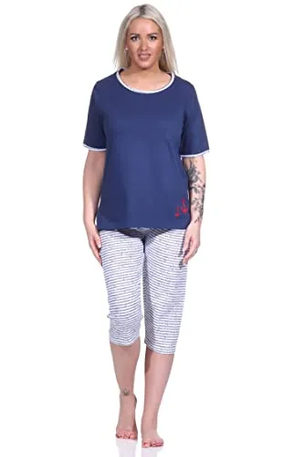 NORMANN-Wäschefabrik Capri Pyjama Kurzarm, Damen Schlafanzug mit 3/4-Hose in maritimer Optik - 151, Farbe:Navy, Größe:40-42